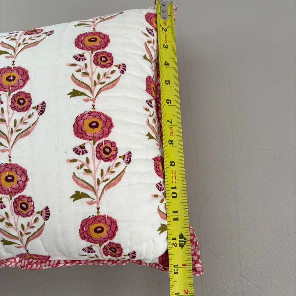 Handmade Kantha Quilted Floral Block Print Reversible Decorative Pillow Cottage